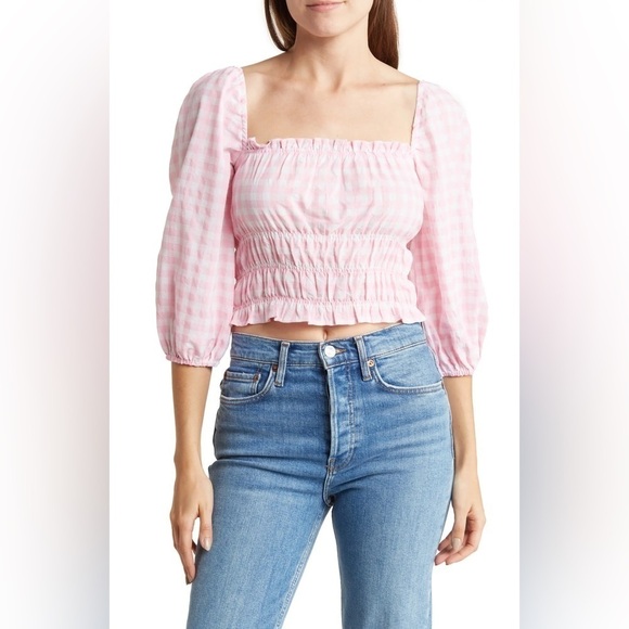 CHARLIE HOLIDAY Boheme Women Off The Shoulder Checkered Peasant Top Medium - Picture 1 of 2